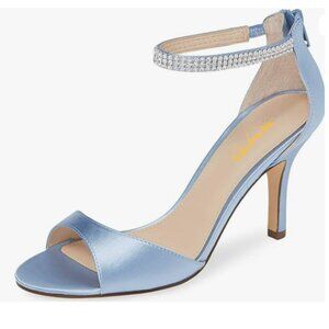XYD Light Blue Open Toe Rhinestones Ankle Strap Sandals Mid Heel Bridal Shoes